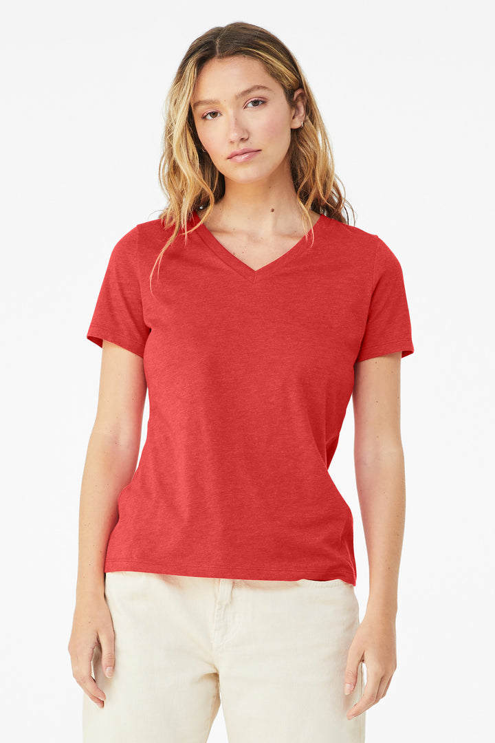 Front View of HthrRed BELLA+CANVAS Women's Relaxed Heather CVC V-Neck Tee BC6405CVC