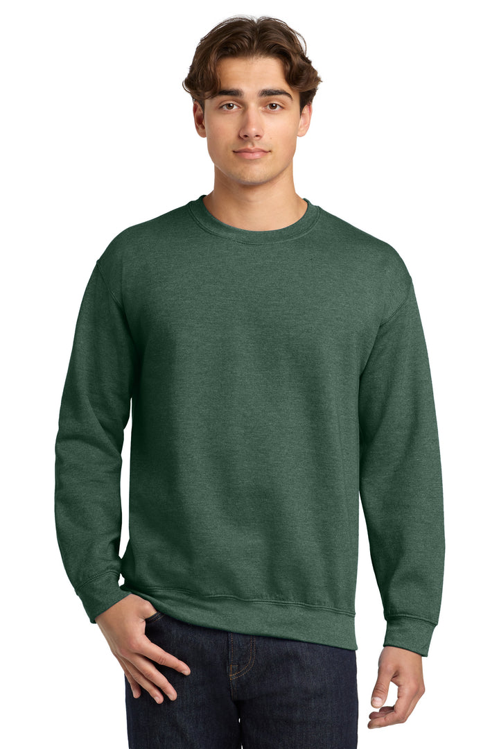 Front View of HtrDkGreen Gildan Heavy Blend Crewneck Sweatshirt. 18000
