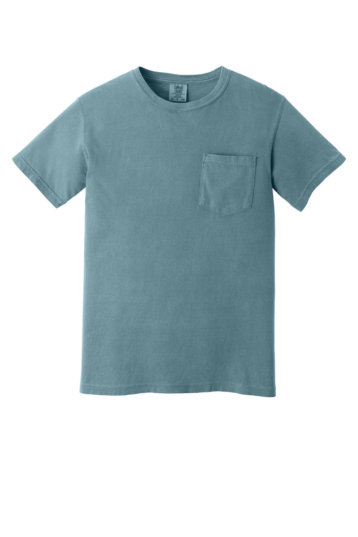 Front View of Ice Blue COMFORT COLORS Heavyweight Ring Spun Pocket Tee. 6030