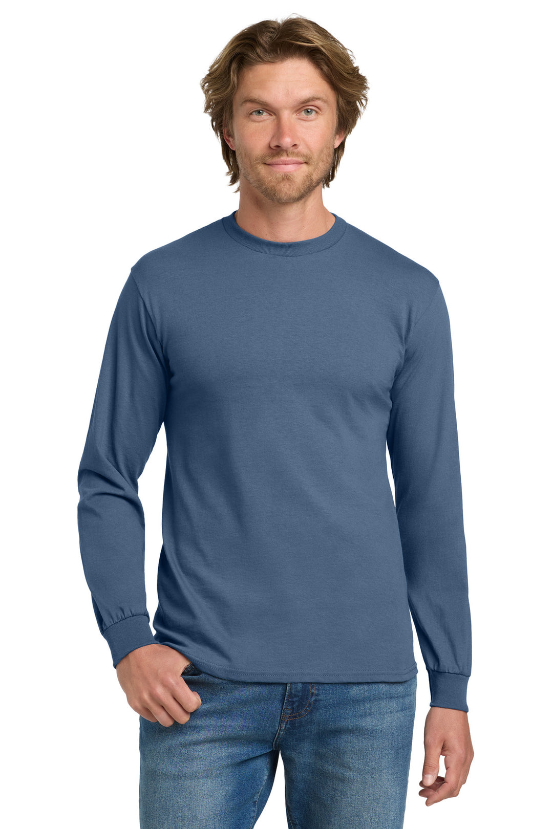 Front View of IndigoBlue Gildan - Heavy Cotton 100% Cotton Long Sleeve T-Shirt. 5400