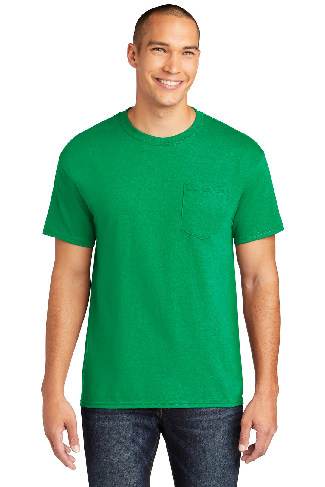 Front View of Irish Green Gildan Heavy Cotton 100% Cotton Pocket T-Shirt. 5300