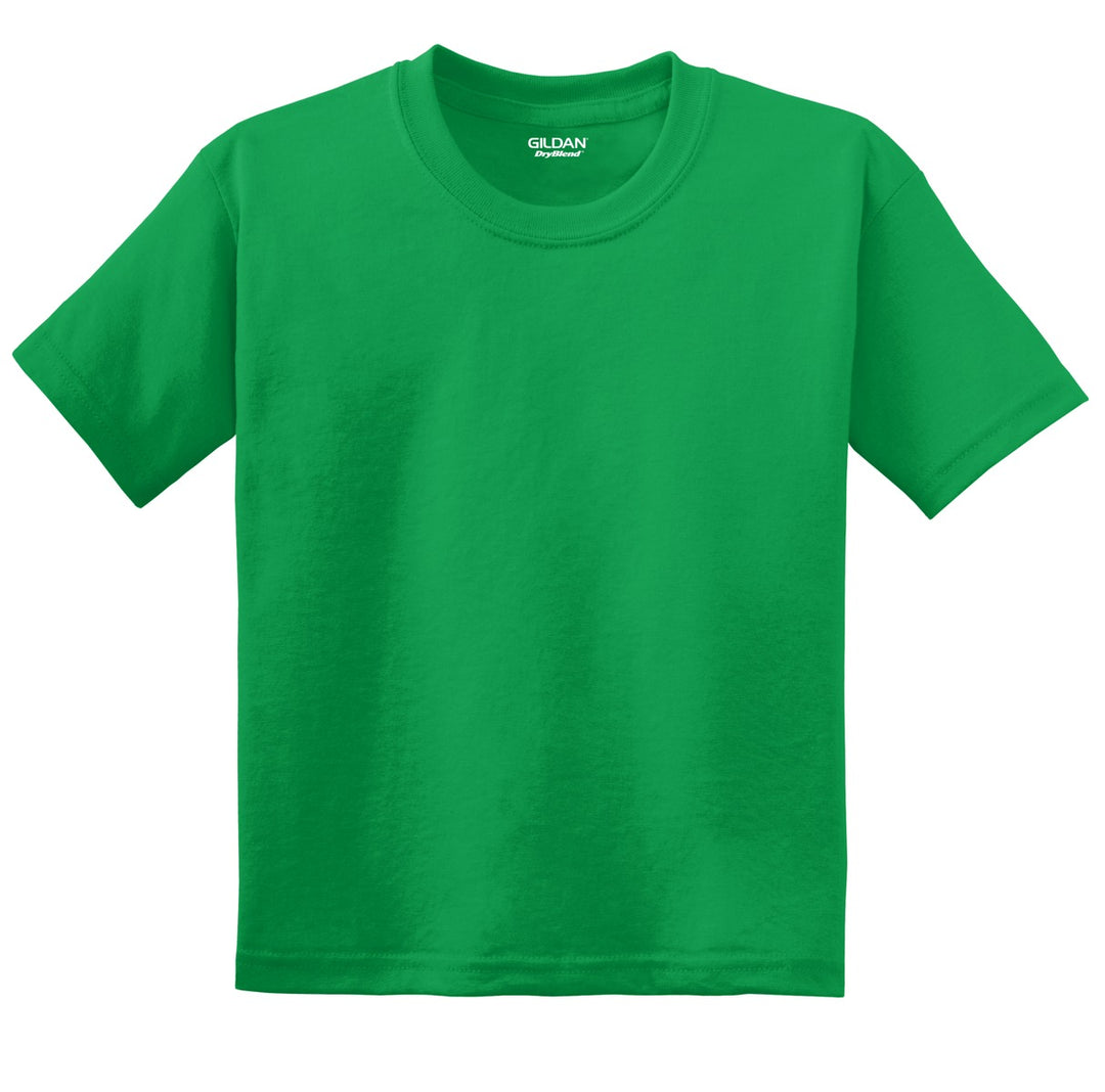Front View of Irish Green Gildan Youth DryBlend 50 Cotton/50 Poly T-Shirt. 8000B