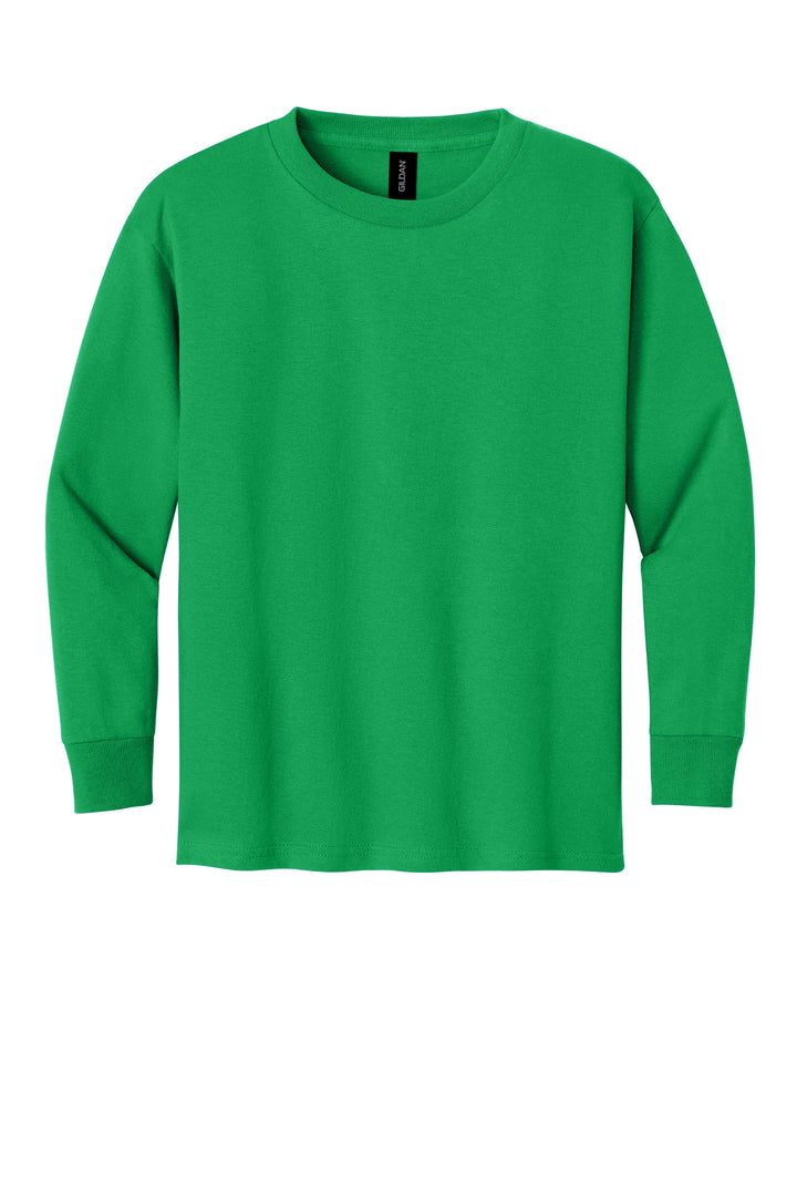 Front View of IrishGreen Gildan Youth Heavy Cotton 100% Cotton Long Sleeve T-Shirt. 5400B