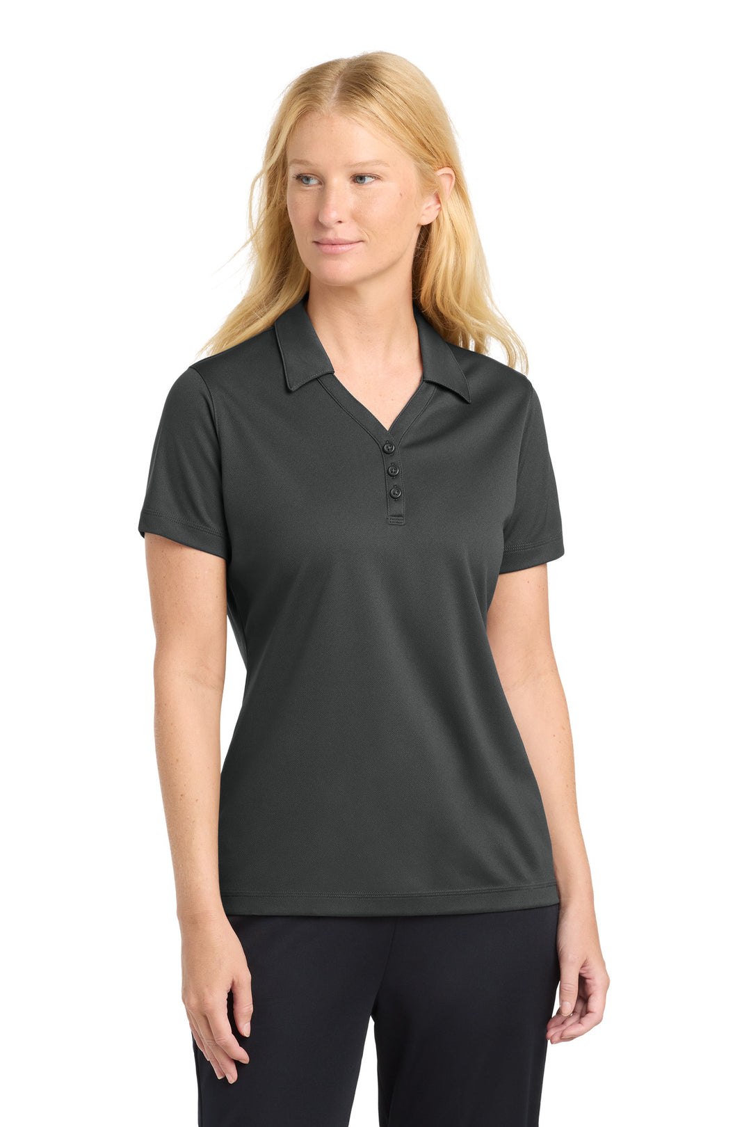 Front View of Iron Grey Sport-Tek Women's PosiCharge Micro-Mesh Polo. LST680