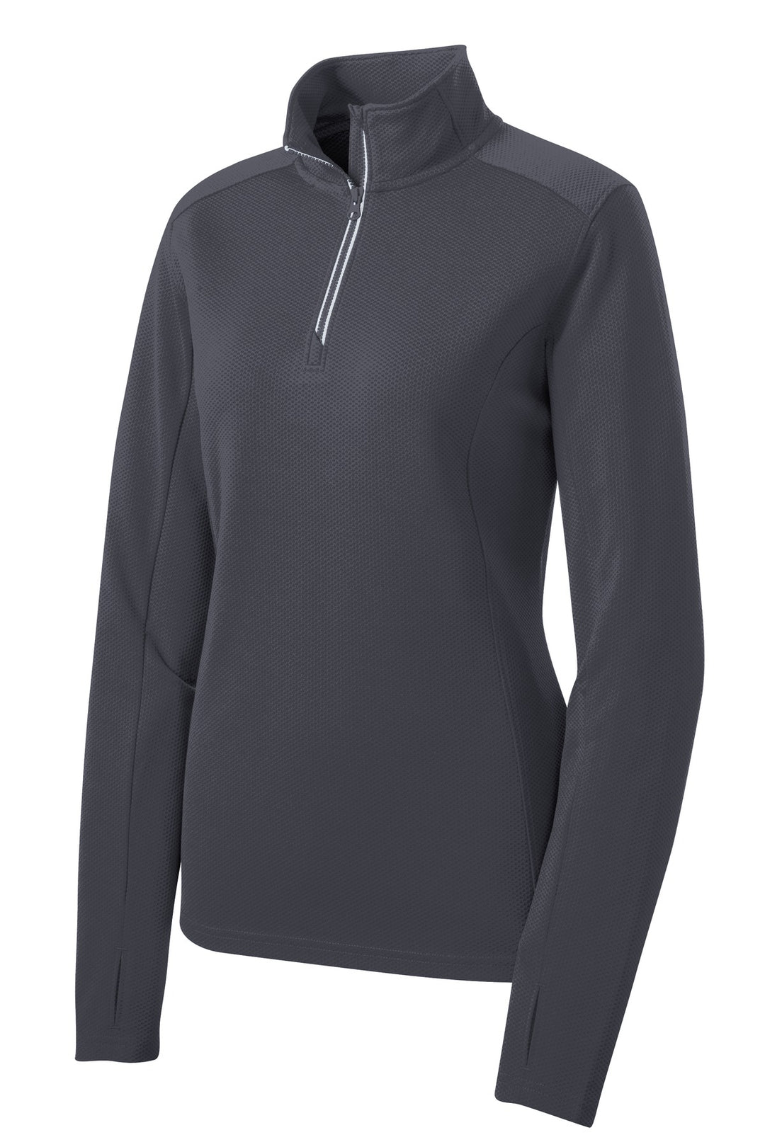 Front View of Iron Grey Sport-Tek Women's Sport-Wick Textured 1/4-Zip Pullover. LST860
