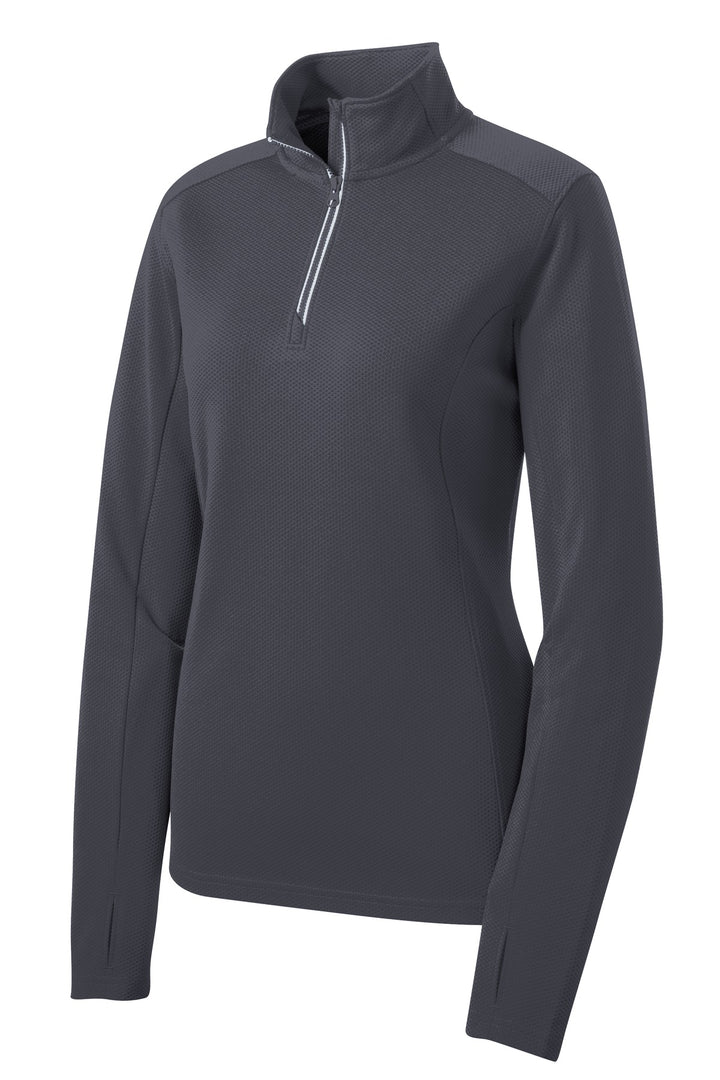 Front View of Iron Grey Sport-Tek Women's Sport-Wick Textured 1/4-Zip Pullover. LST860