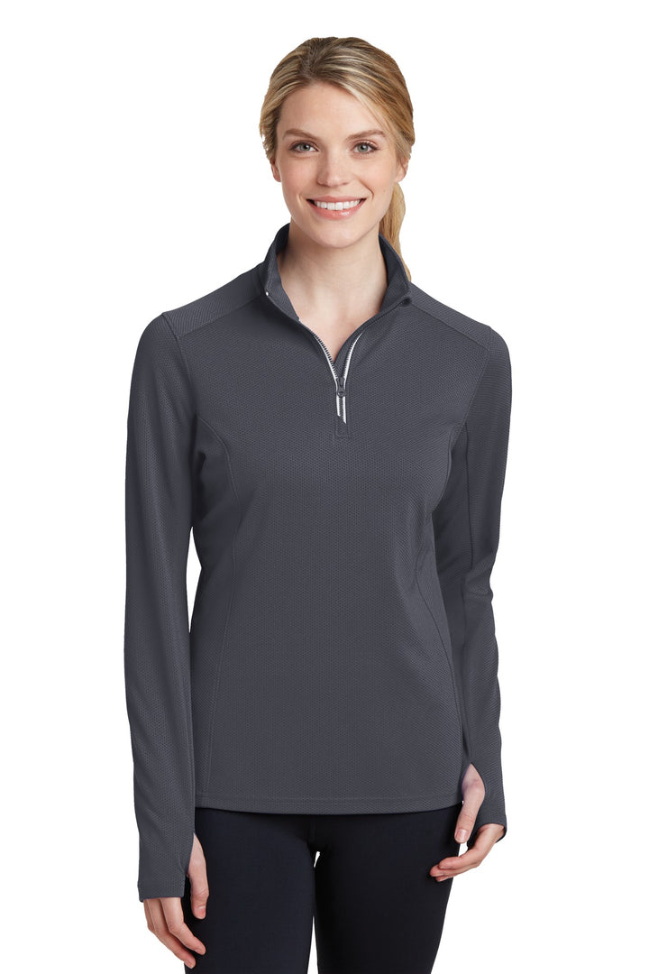 Front View of Iron Grey Sport-Tek Women's Sport-Wick Textured 1/4-Zip Pullover. LST860