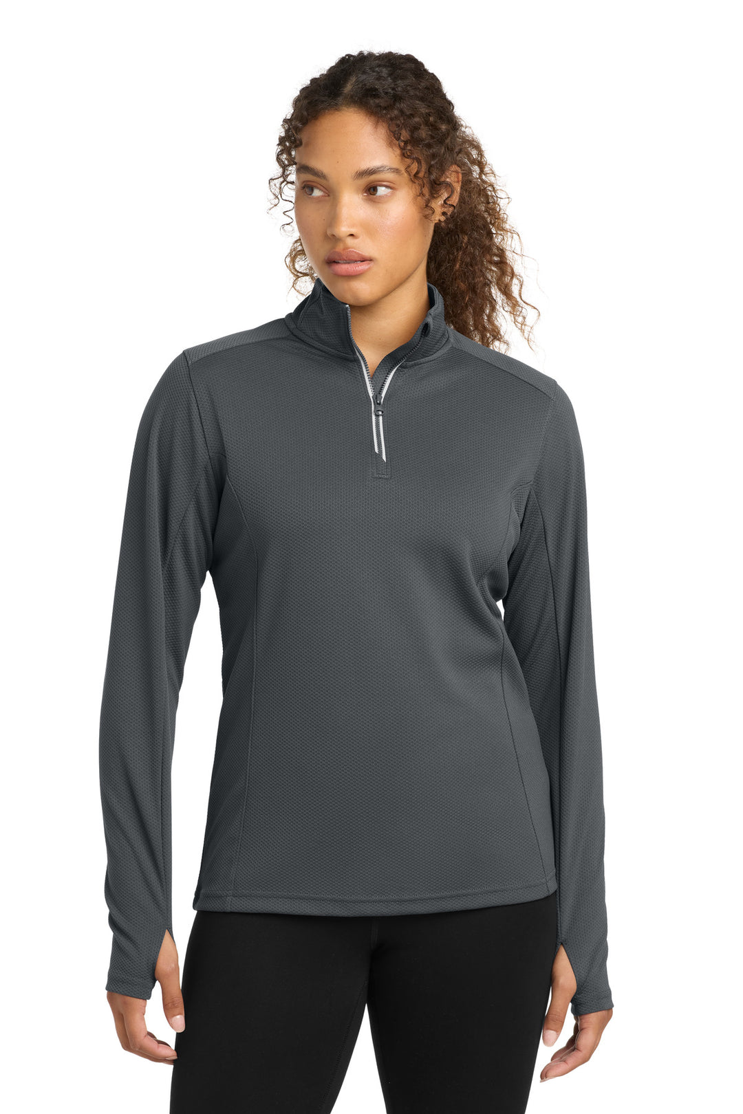 Front View of Iron Grey Sport-Tek Women's Sport-Wick Textured 1/4-Zip Pullover. LST860
