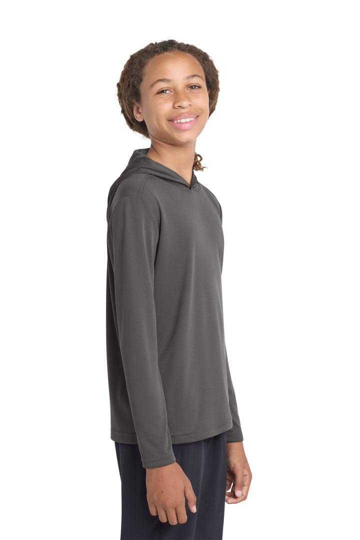 Front View of Iron Grey Sport-Tek Youth PosiCharge Competitor Hooded Pullover. YST358