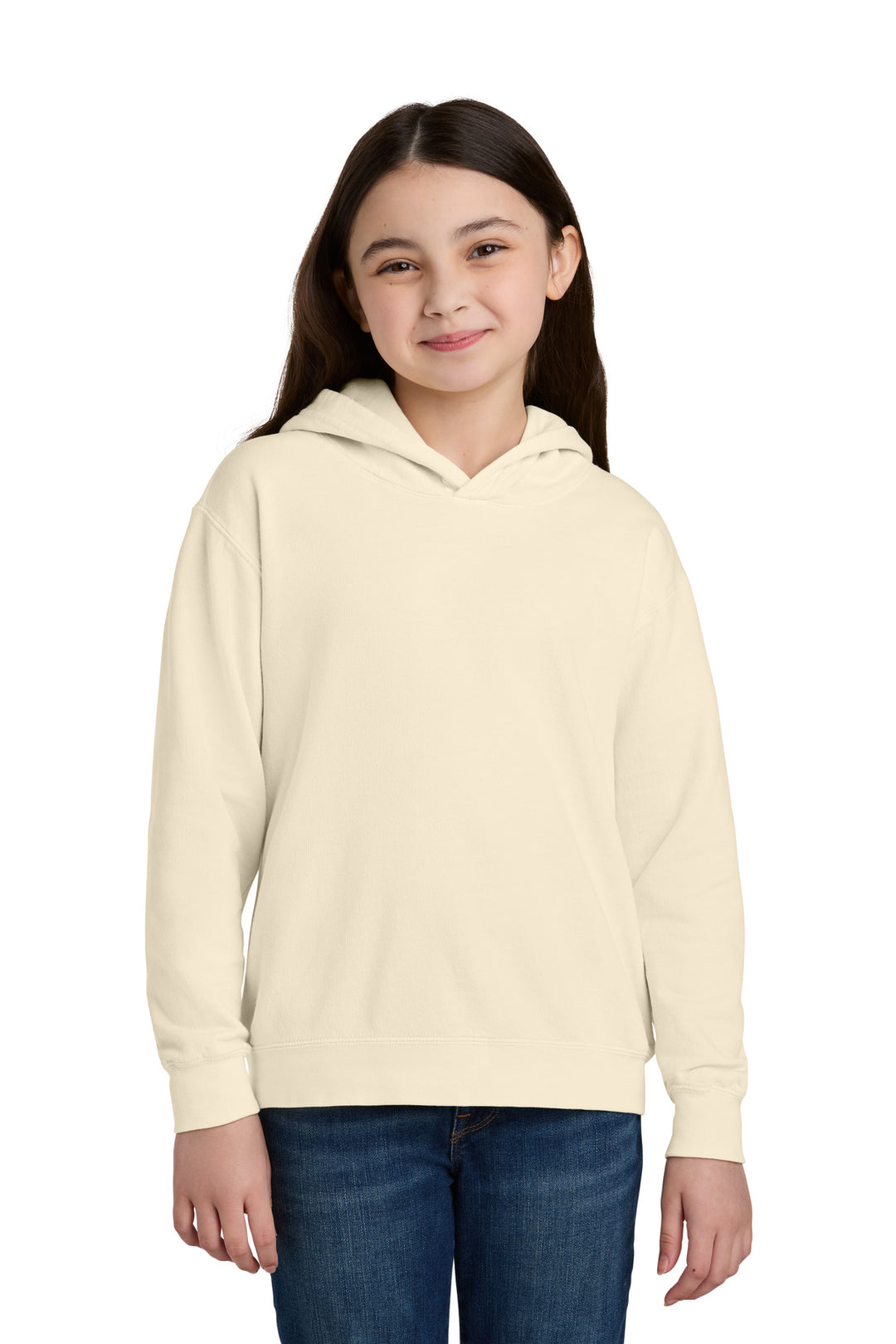 Front View of Ivory Comfort Colors Youth Lightweight Hooded Sweatshirt 1467Y