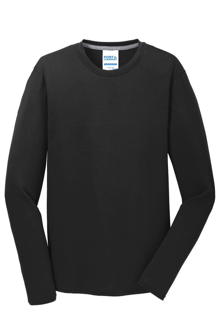 Front View of Jet Black Port & Company Long Sleeve Performance Blend Tee. PC381LS