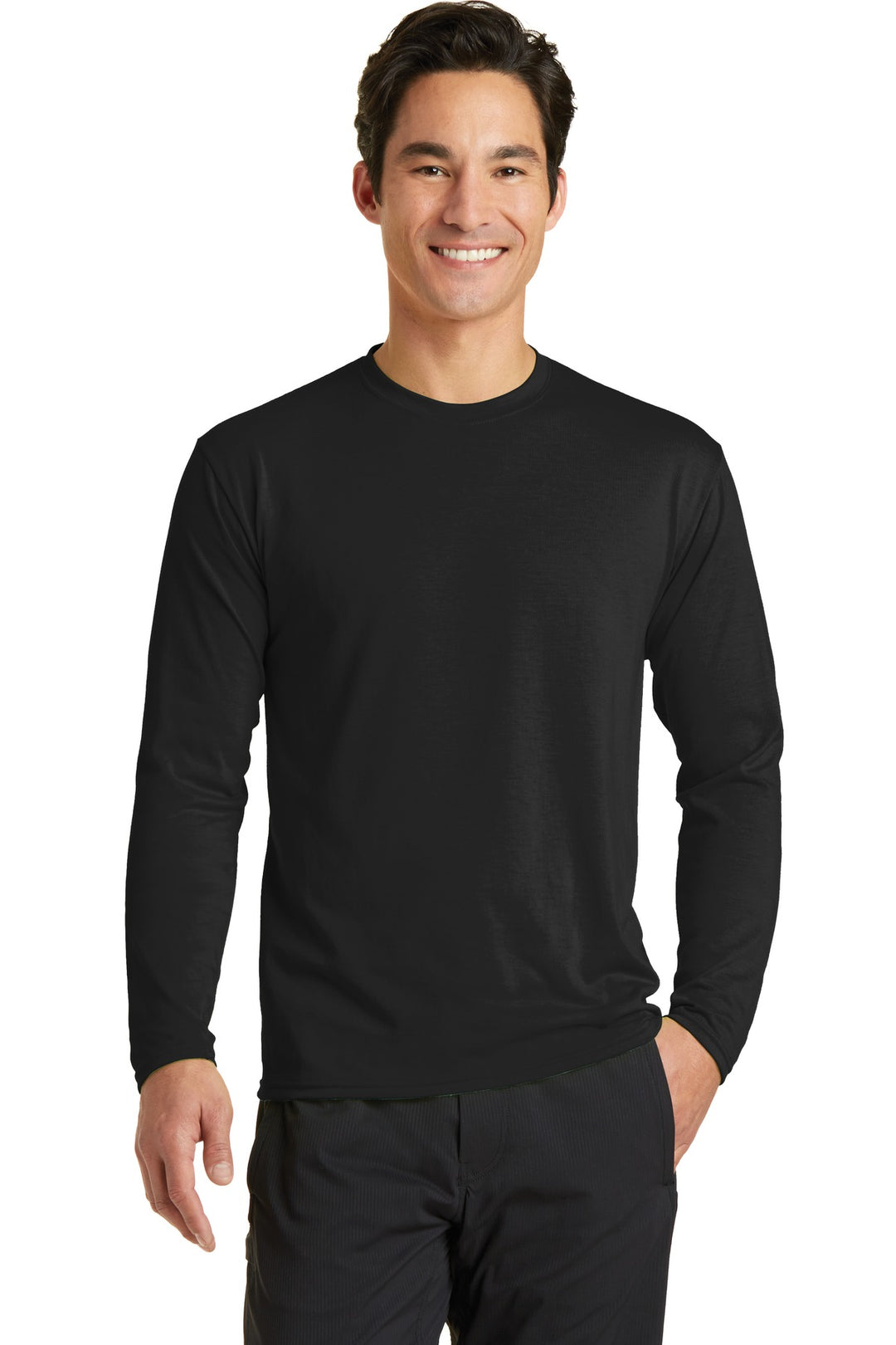 Front View of Jet Black Port & Company Long Sleeve Performance Blend Tee. PC381LS