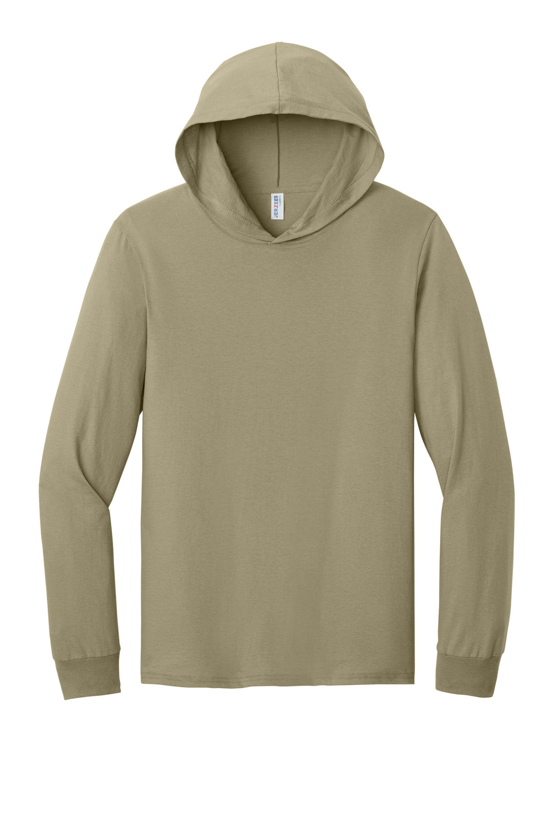 Front View of Khaki Jerzees Classics Unisex Cotton Long Sleeve Hooded T-Shirt 363LH