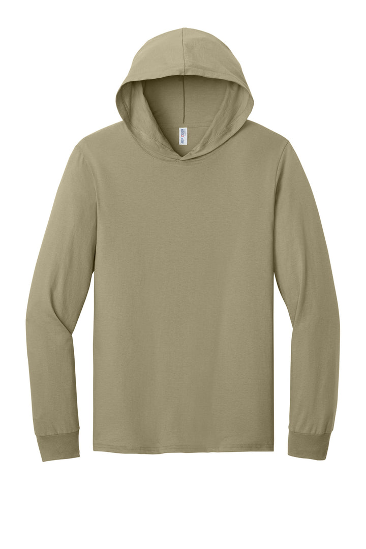 Front View of Khaki Jerzees Classics Unisex Cotton Long Sleeve Hooded T-Shirt 363LH