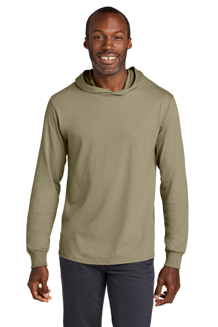 Front View of Khaki Jerzees Classics Unisex Cotton Long Sleeve Hooded T-Shirt 363LH