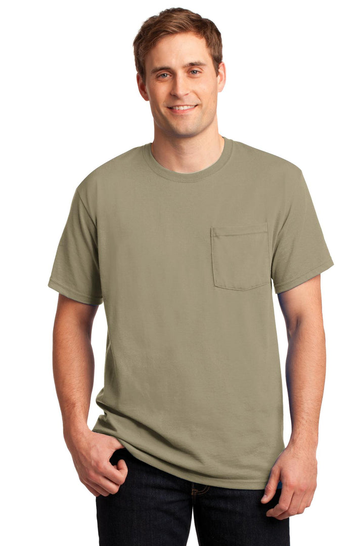 Front View of KHAKI Jerzees - Dri-Power 50/50 Cotton/Poly Pocket T-Shirt. 29MP