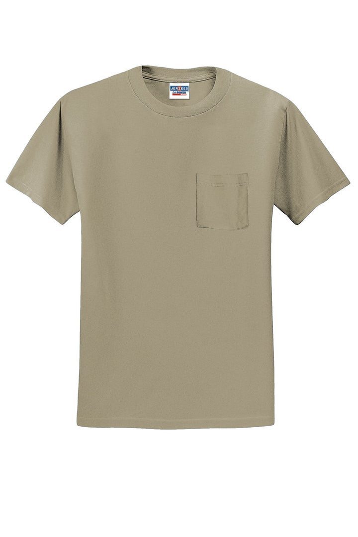 Front View of Khaki Jerzees - Dri-Power 50/50 Cotton/Poly Pocket T-Shirt. 29MP