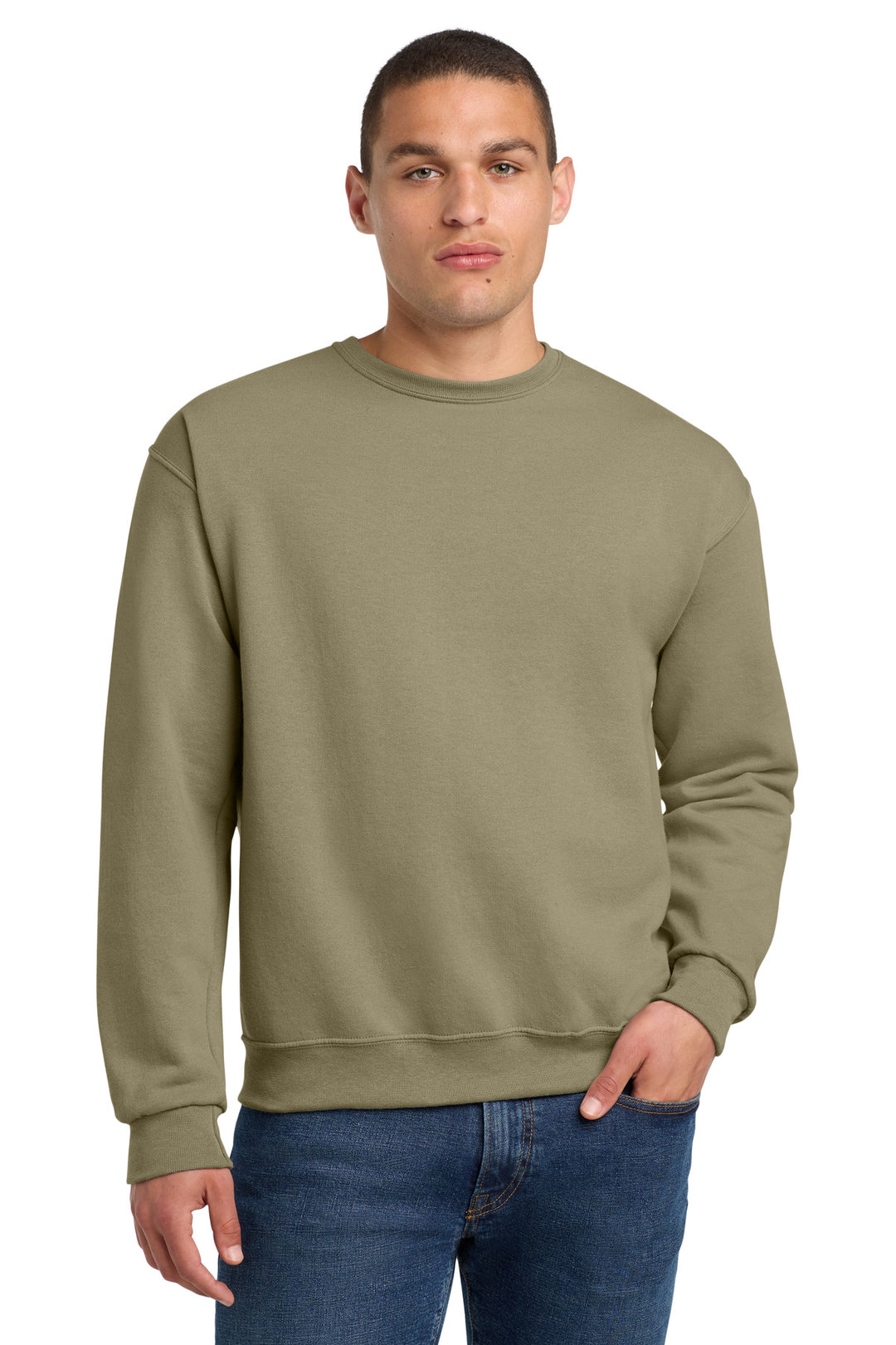 Front View of Khaki Jerzees - NuBlend Crewneck Sweatshirt. 562M