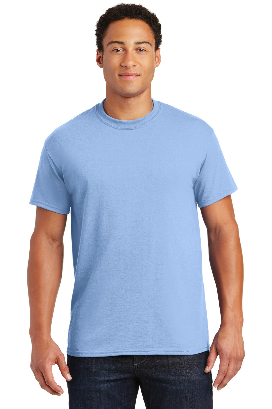 Front View of Light Blue Gildan DryBlend 50 Cotton/50 Poly T-Shirt. 8000