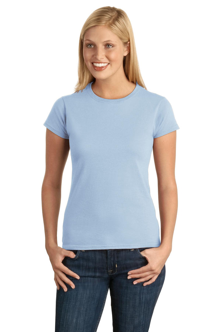 Front View of Light Blue Gildan Softstyle Women's T-Shirt. 64000L