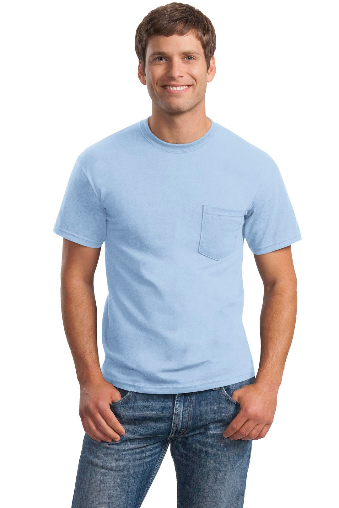 Front View of Light Blue Gildan - Ultra Cotton 100% US Cotton T-Shirt with Pocket. 2300