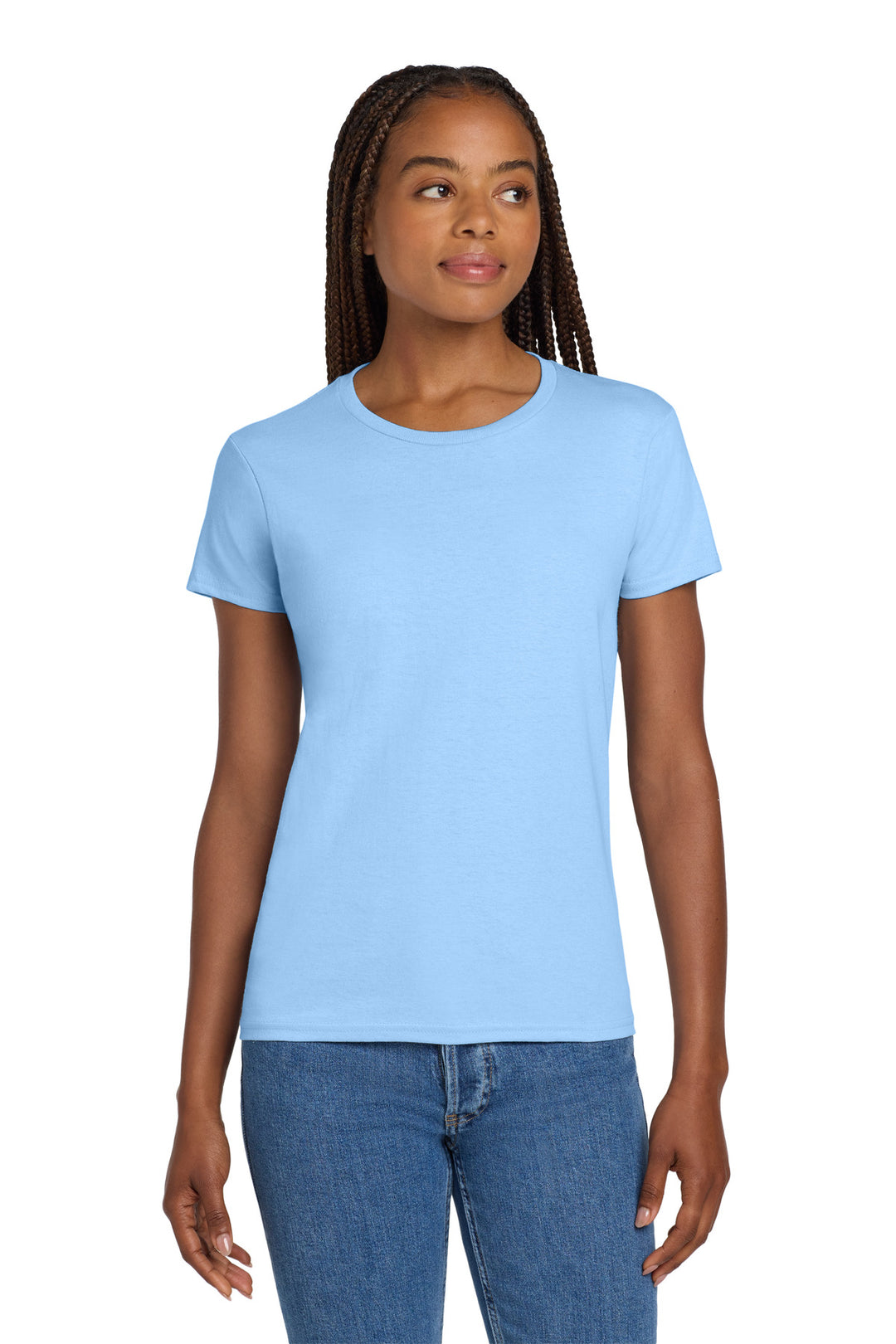 Front View of Light Blue Gildan Women's Ultra Cotton 100% US Cotton T-Shirt. 2000L