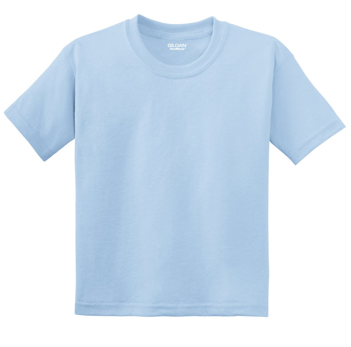 Front View of Light Blue Gildan Youth DryBlend 50 Cotton/50 Poly T-Shirt. 8000B
