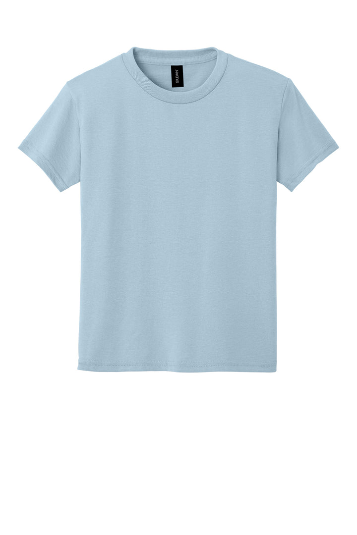 Front View of Light Blue Gildan Youth DryBlend 50 Cotton/50 Poly T-Shirt. 8000B
