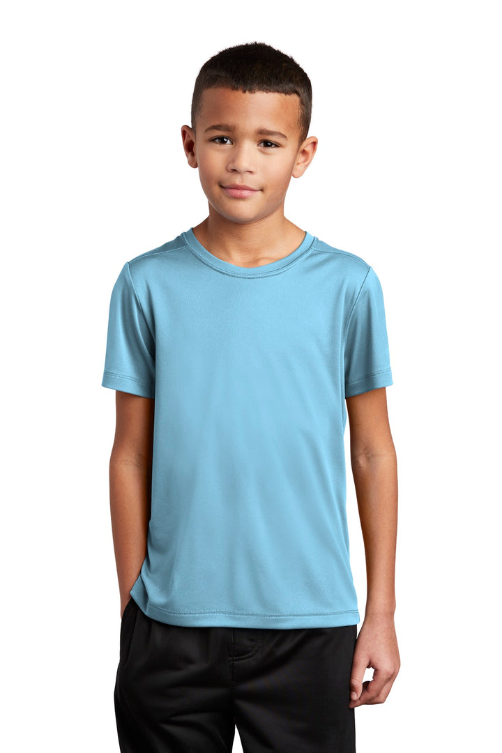 Front View of Light Blue Sport-Tek Youth Posi-UV Pro Tee. YST420