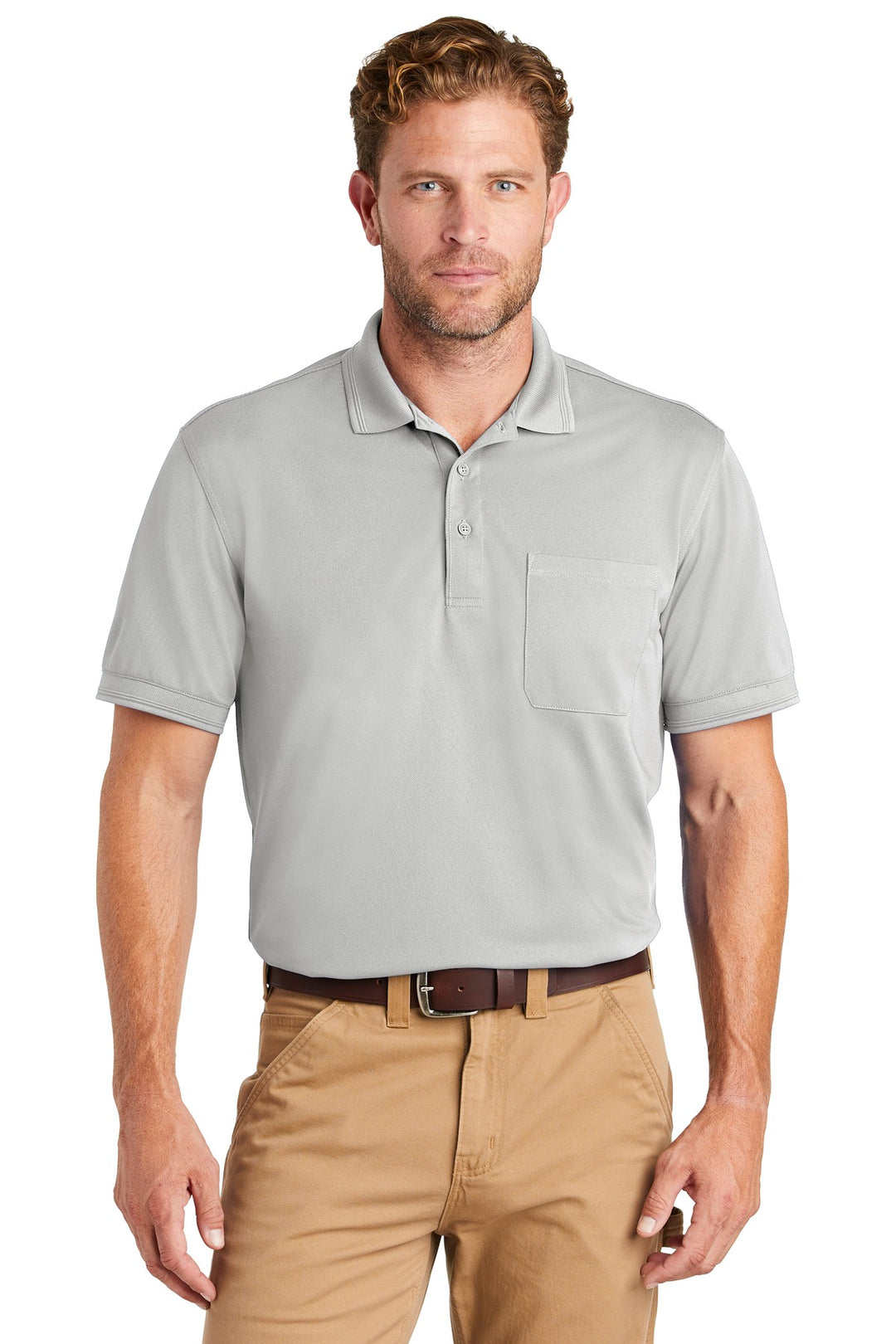 Front View of Light Grey CornerStone Industrial Snag-Proof Pique Pocket Polo. CS4020P