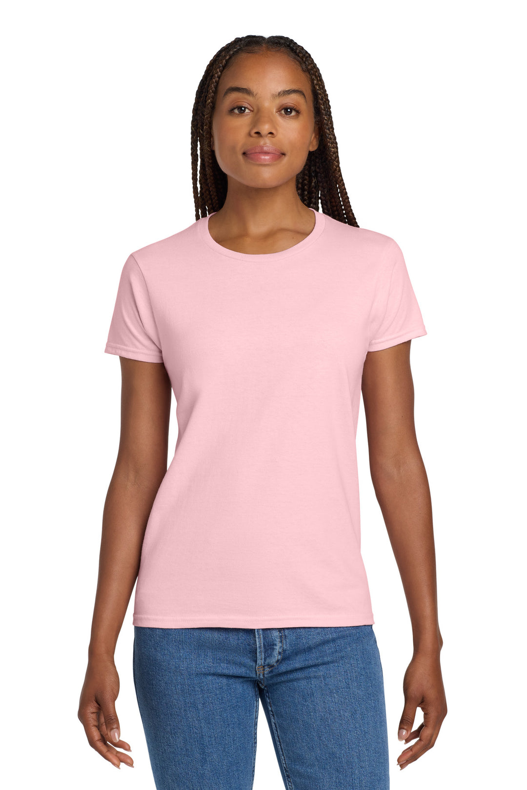 Front View of Light Pink Gildan Women's Ultra Cotton 100% US Cotton T-Shirt. 2000L