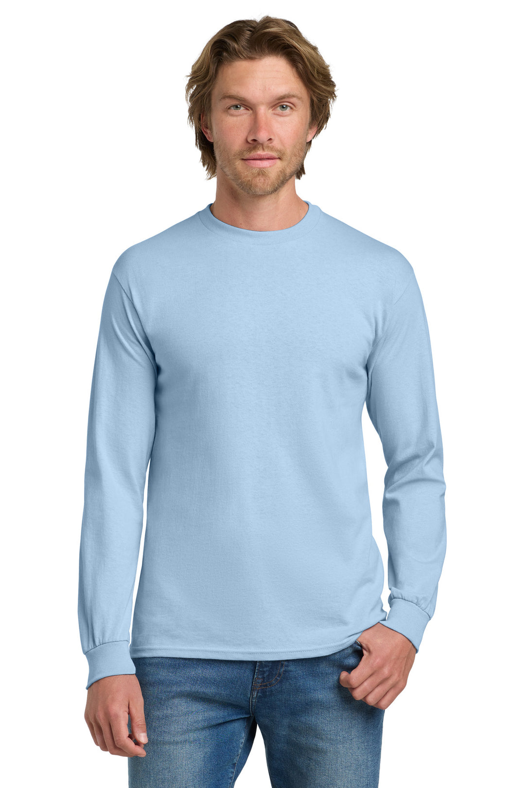 Front View of LightBlue Gildan - Heavy Cotton 100% Cotton Long Sleeve T-Shirt. 5400