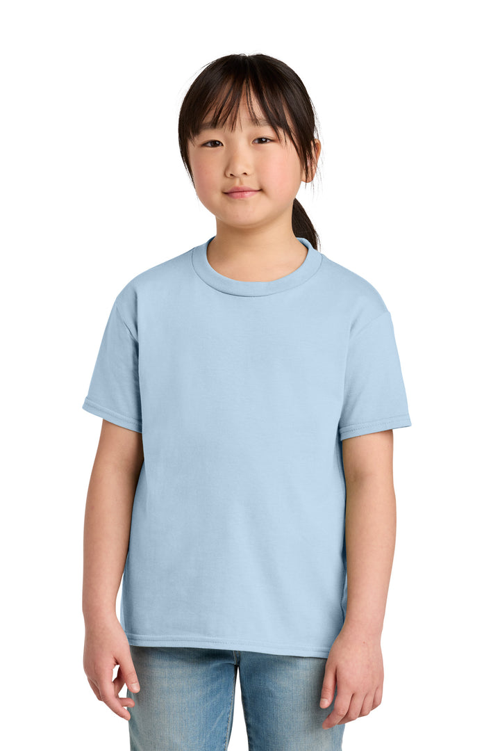 Front View of LightBlue Gildan Youth Softstyle Midweight Tee 65000B