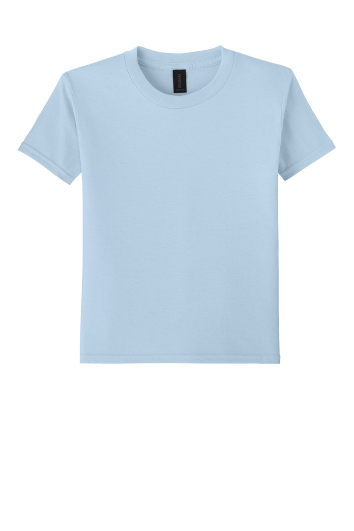 Front View of LightBlue Gildan Youth Softstyle T-Shirt 64000B
