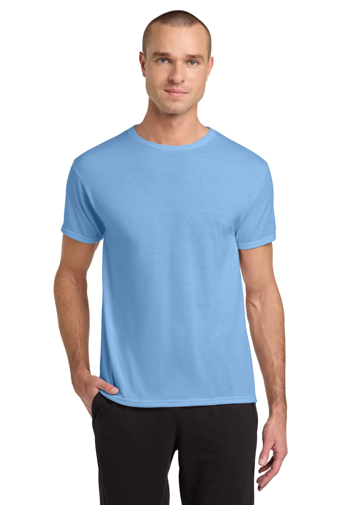 Front View of LightBlue Jerzees Dri-Power 100% Polyester T-Shirt. 21M