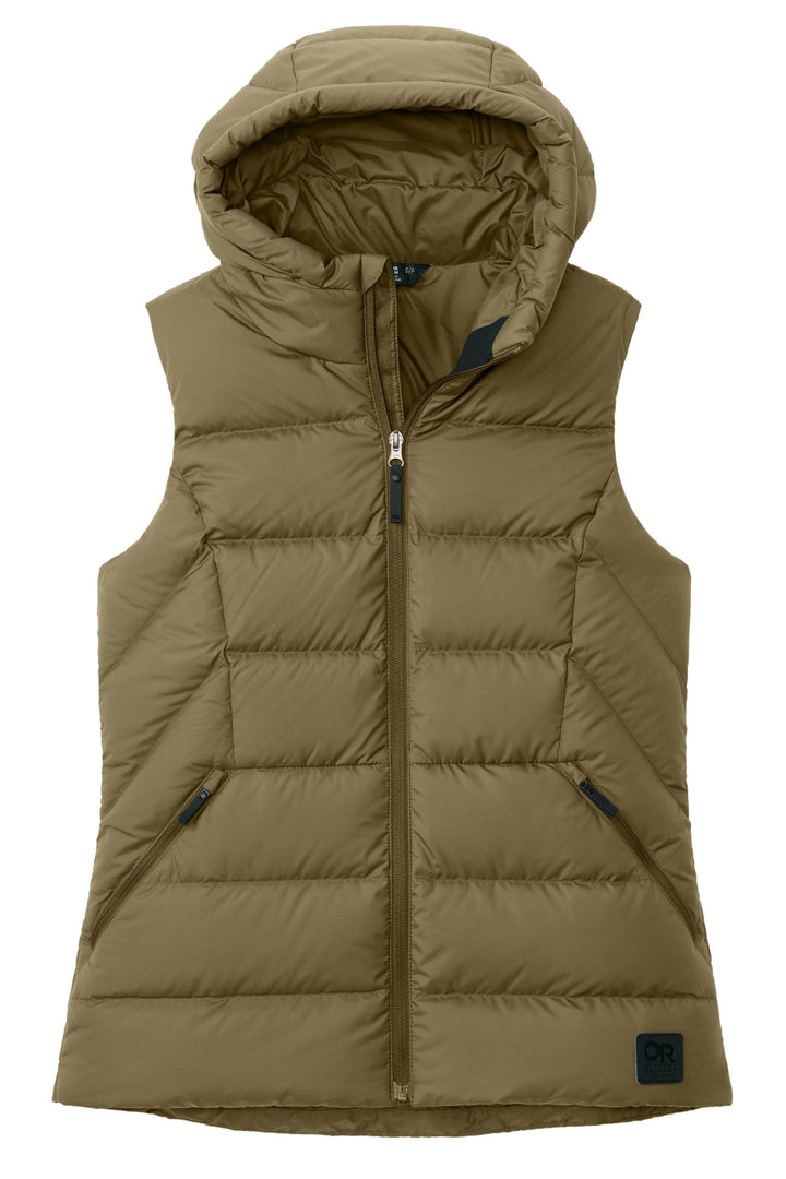 Front View of Loden LIMITED EDITION Outdoor Research Women's Coldsnap Hooded Down Vest OR322218
