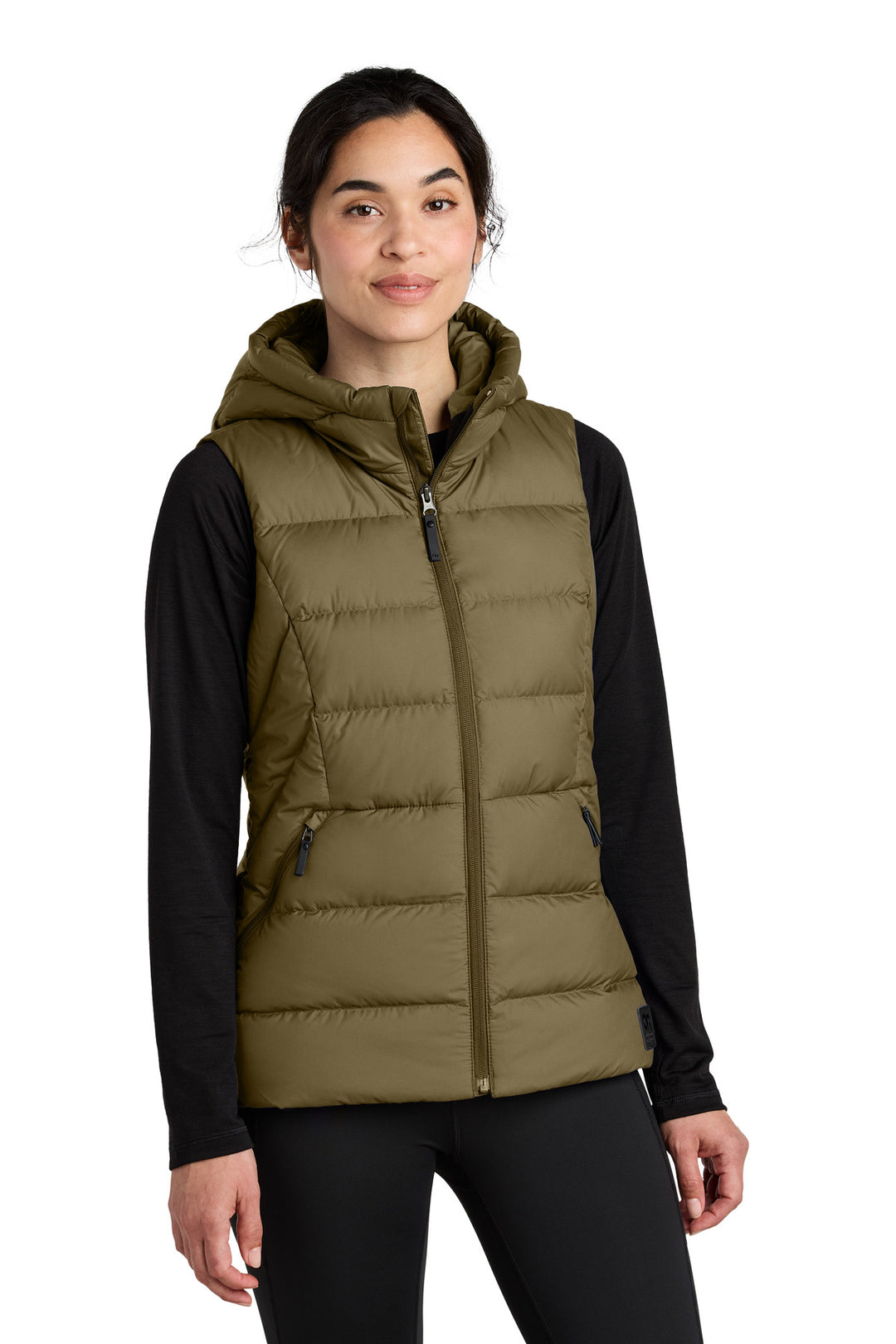Front View of Loden LIMITED EDITION Outdoor Research Women's Coldsnap Hooded Down Vest OR322218