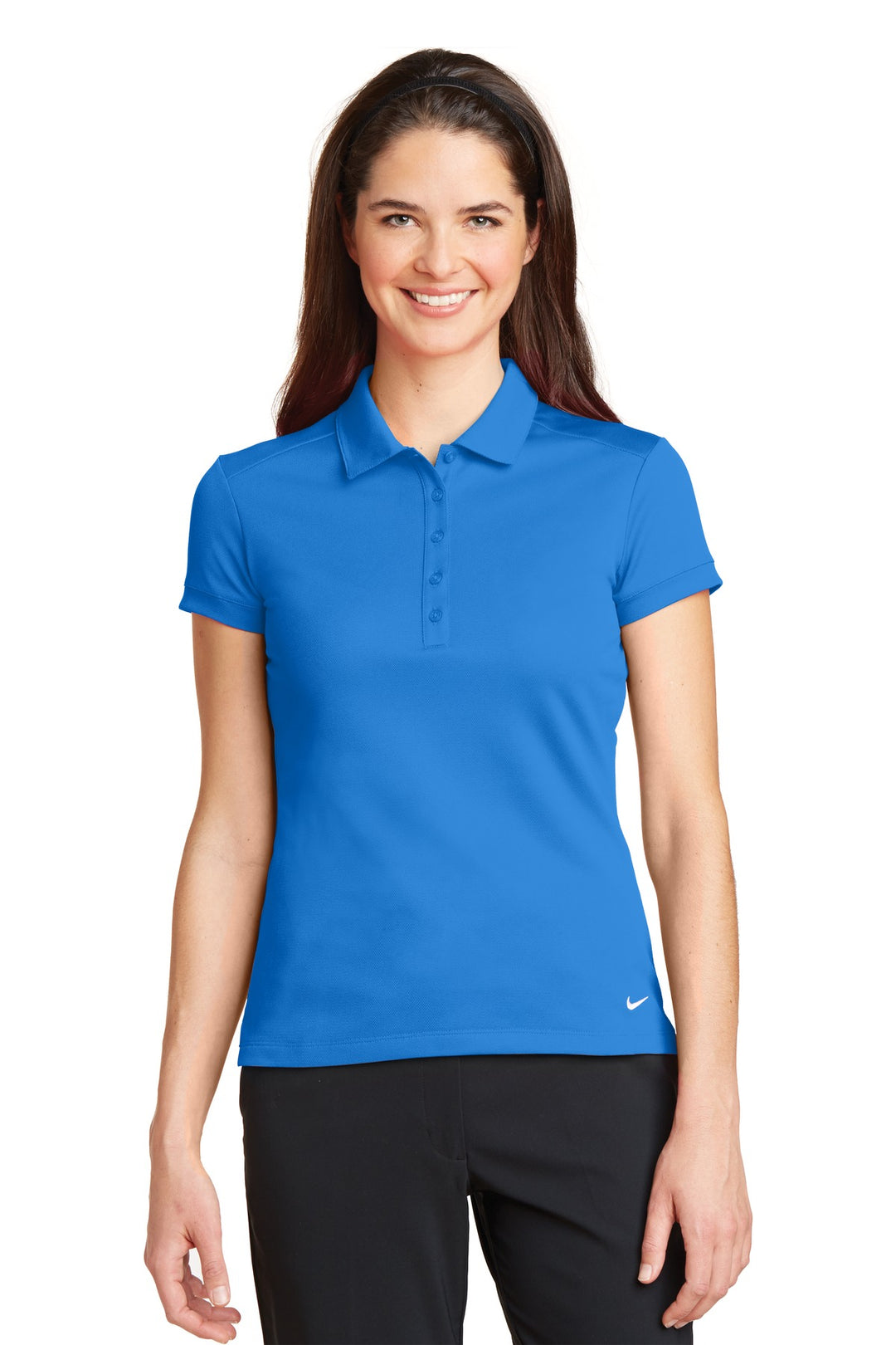 Front View of Lt Photo Blue Nike Women's Dri-FIT Solid Icon Pique Modern Fit Polo. 746100