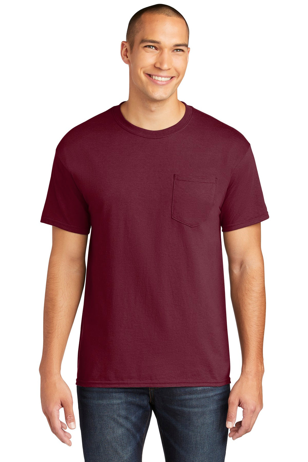 Front View of Maroon Gildan Heavy Cotton 100% Cotton Pocket T-Shirt. 5300