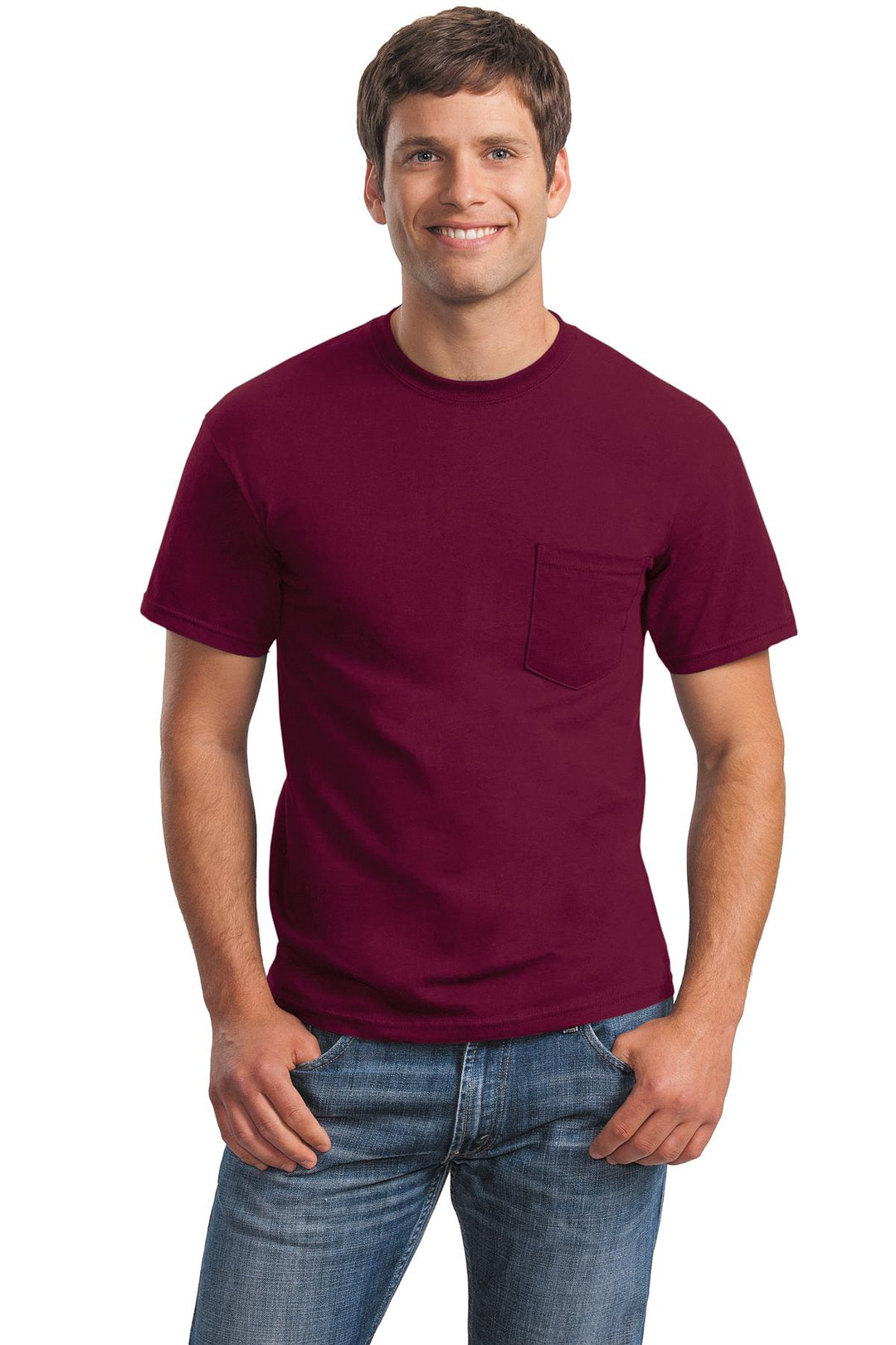 Front View of Maroon Gildan - Ultra Cotton 100% US Cotton T-Shirt with Pocket. 2300