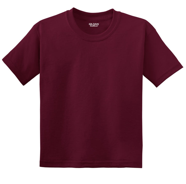 Front View of Maroon Gildan Youth DryBlend 50 Cotton/50 Poly T-Shirt. 8000B