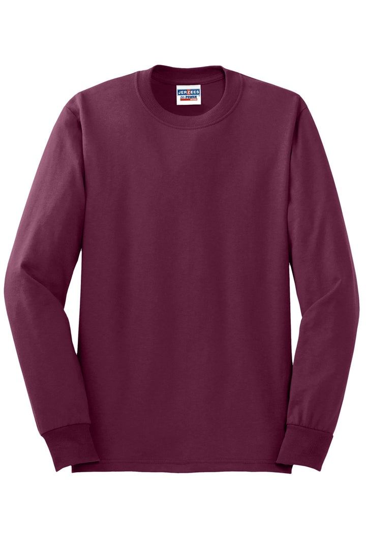 Front View of Maroon Jerzees - Dri-Power 50/50 Cotton/Poly Long Sleeve T-Shirt. 29LS
