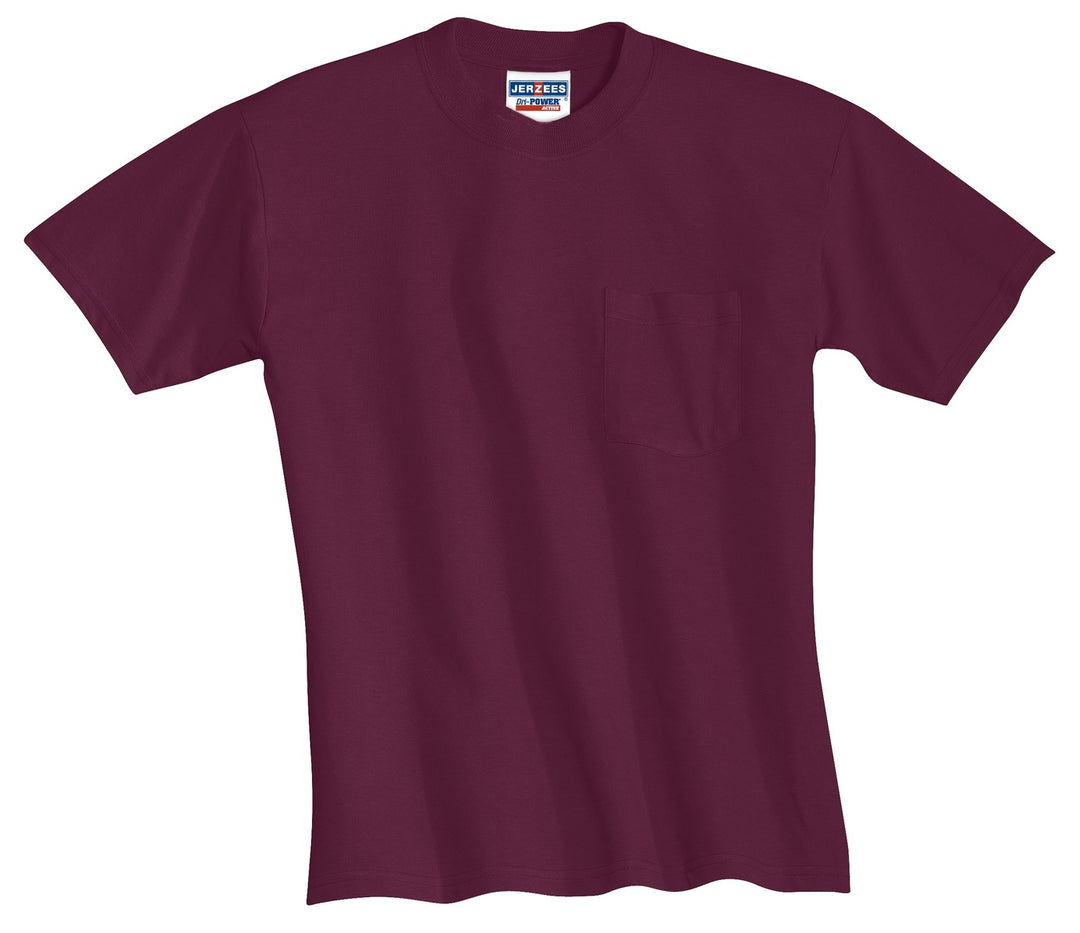 Front View of Maroon Jerzees - Dri-Power 50/50 Cotton/Poly Pocket T-Shirt. 29MP