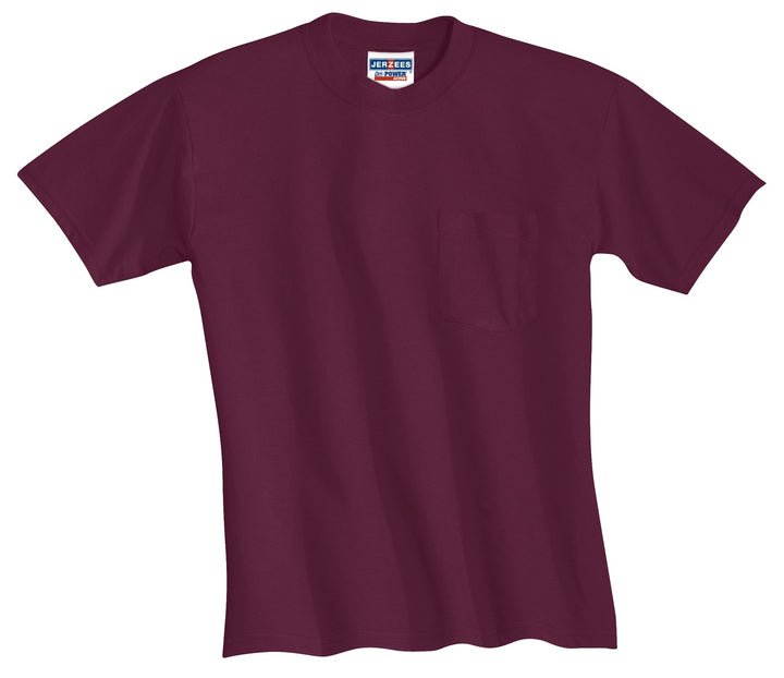 Front View of Maroon Jerzees - Dri-Power 50/50 Cotton/Poly Pocket T-Shirt. 29MP