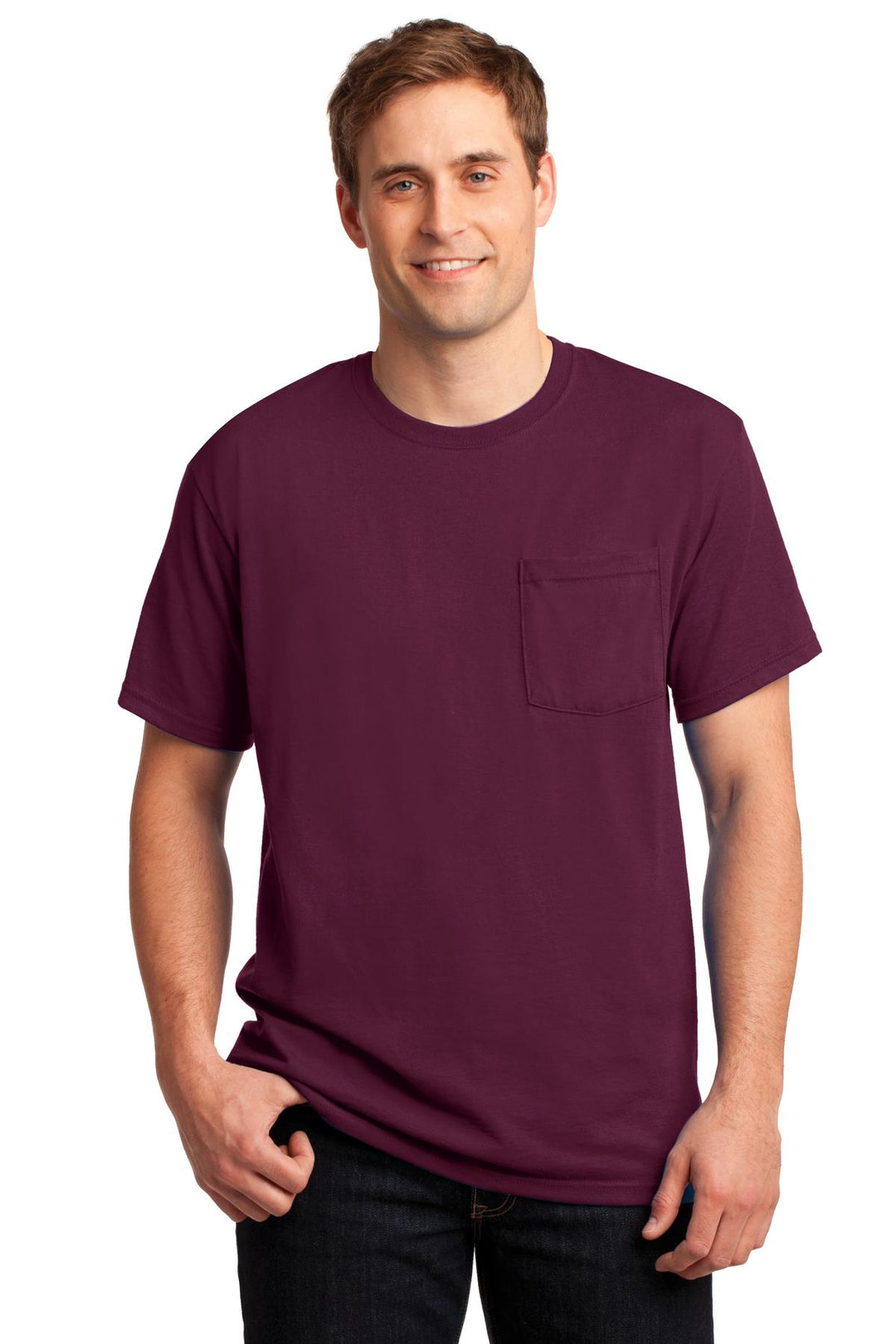 Front View of Maroon Jerzees - Dri-Power 50/50 Cotton/Poly Pocket T-Shirt. 29MP