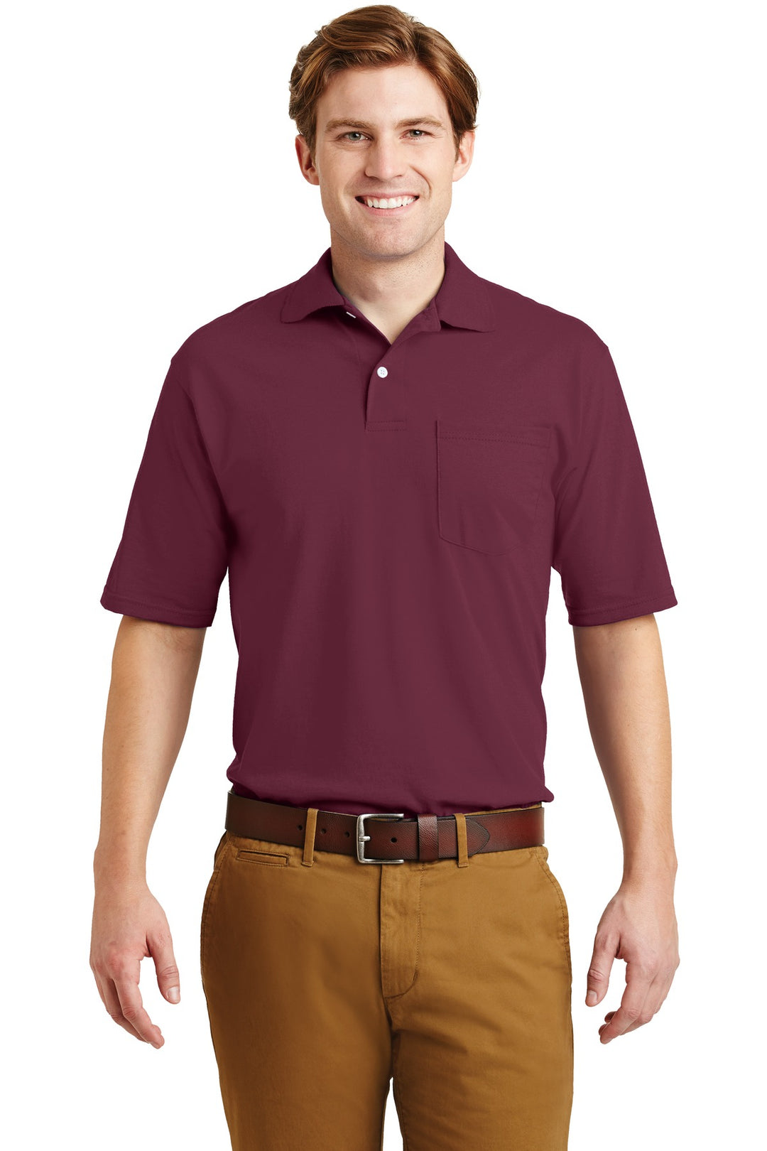 Front View of Maroon Jerzees Dri-Power Pocket Sport Shirt. 436MP