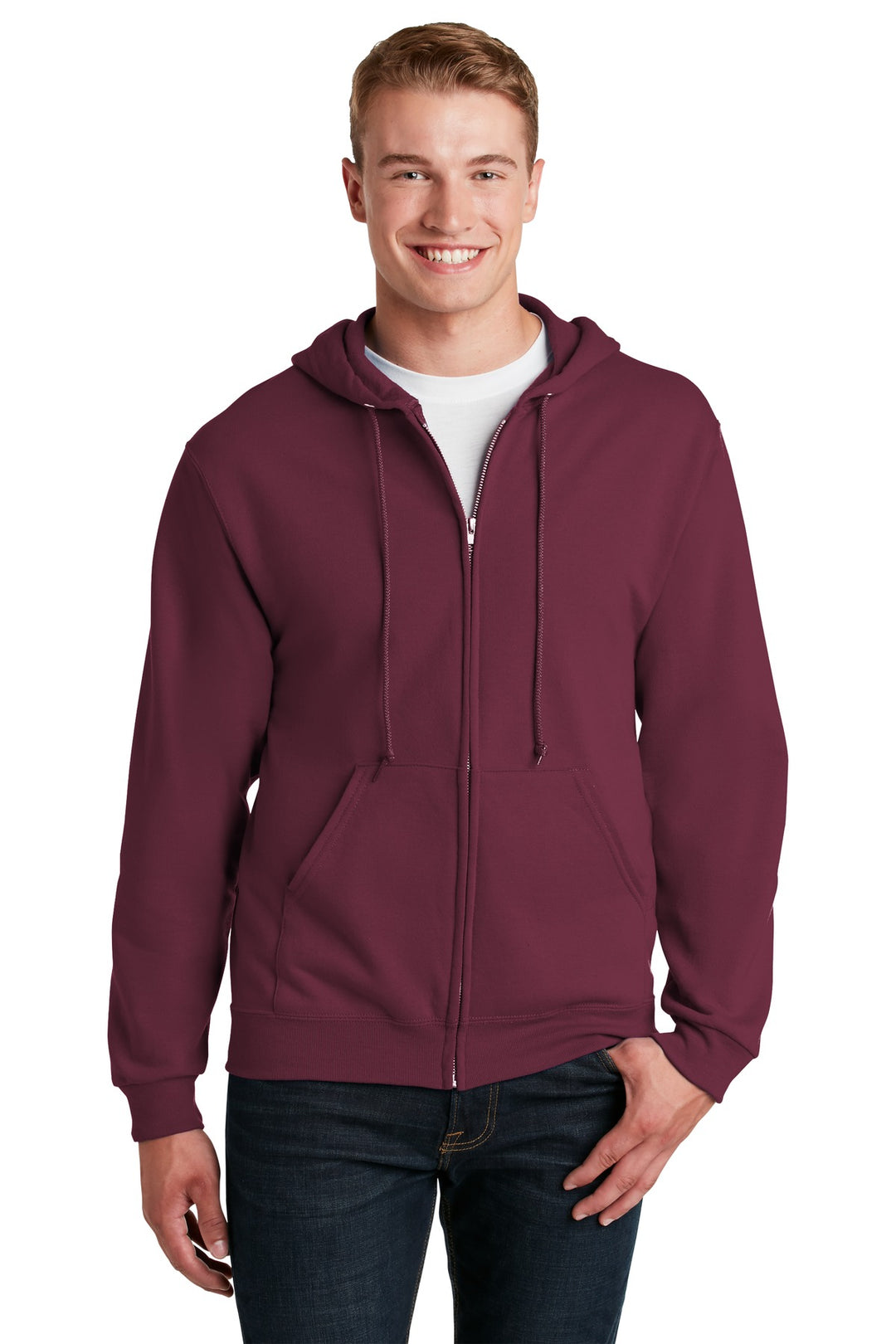 Front View of Maroon Jerzees - NuBlend Full-Zip Hooded Sweatshirt. 993M