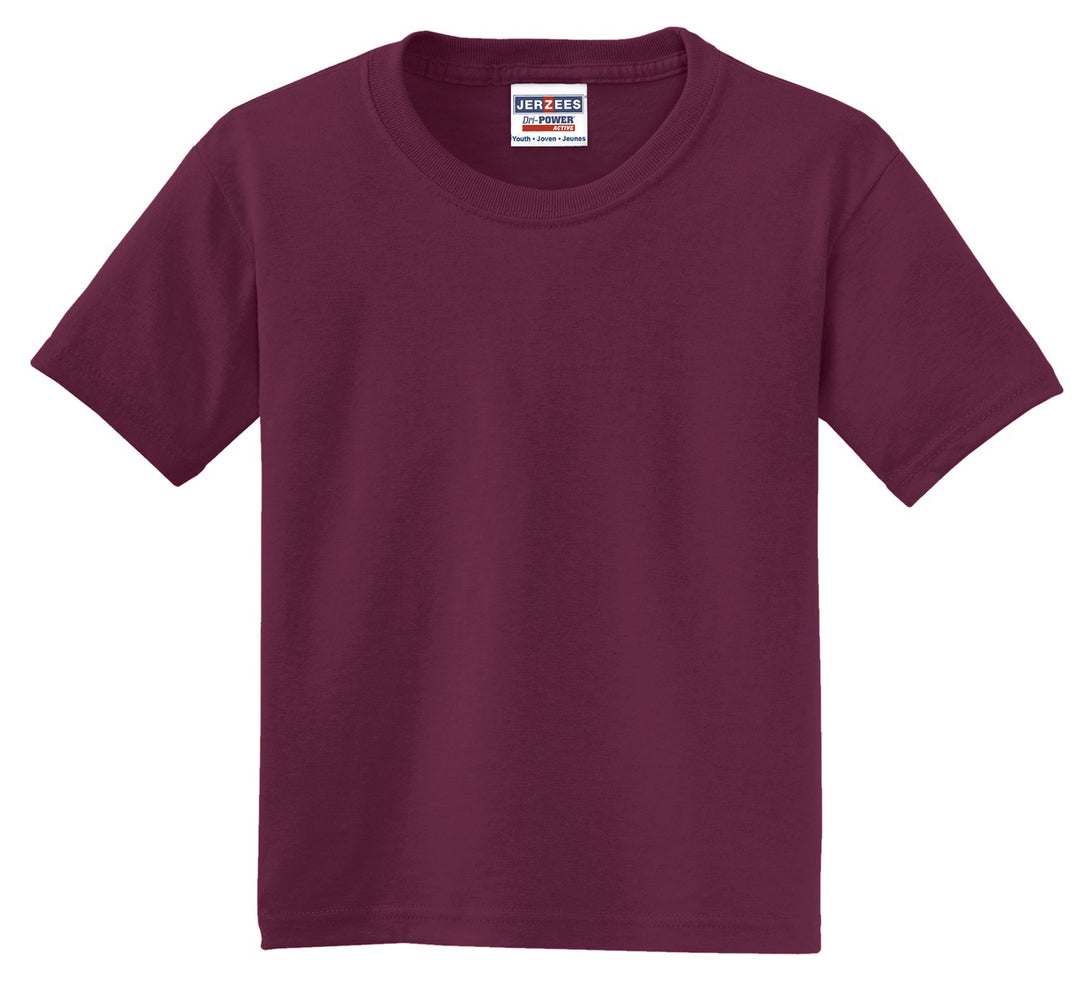 Front View of Maroon Jerzees - Youth Dri-Power 50/50 Cotton/Poly T-Shirt. 29B