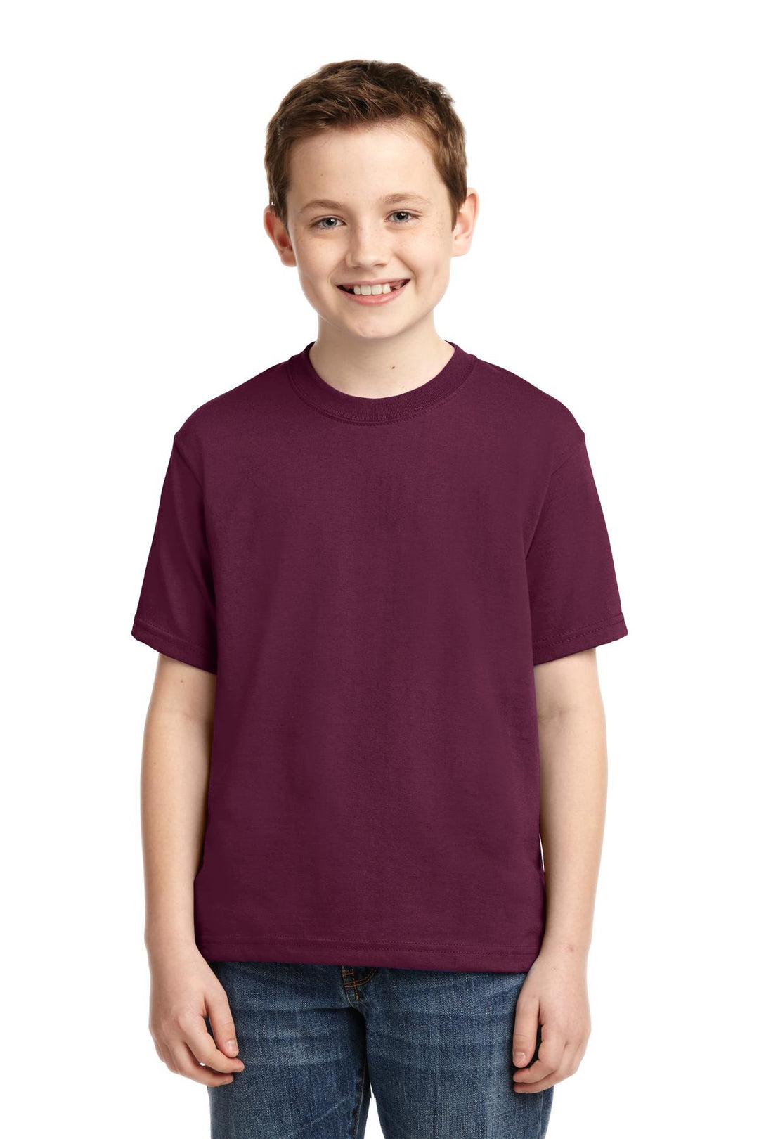 Front View of Maroon Jerzees - Youth Dri-Power 50/50 Cotton/Poly T-Shirt. 29B