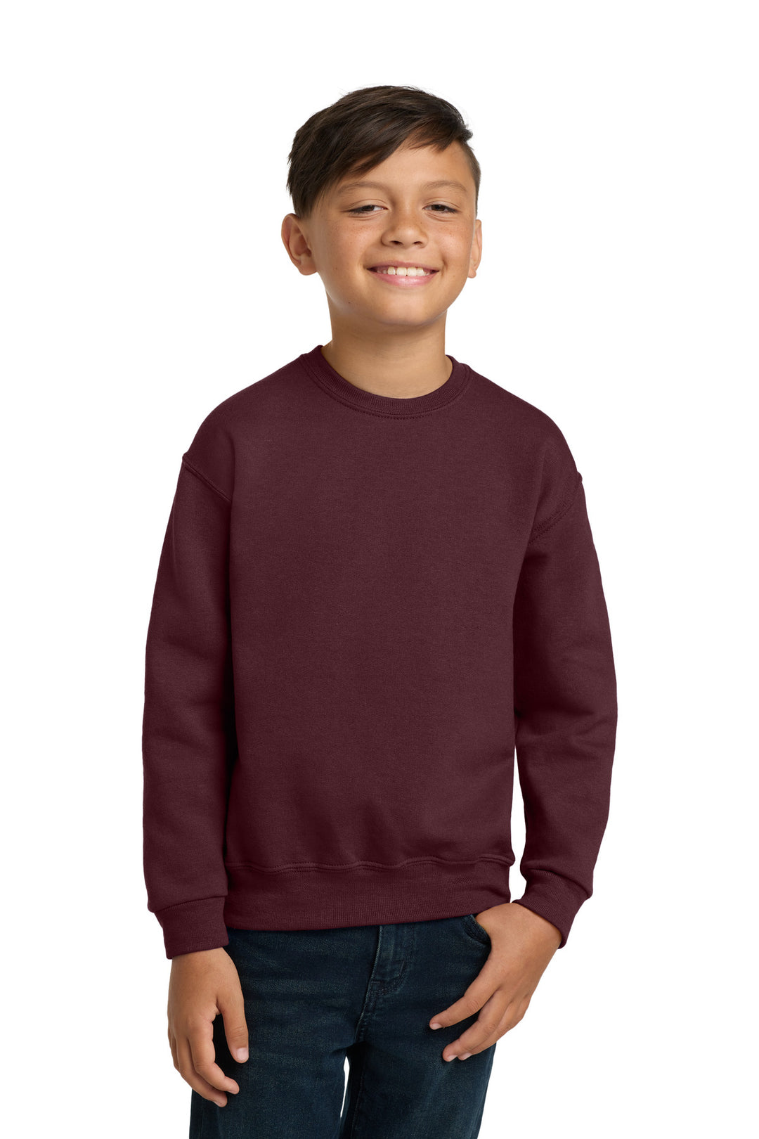 Front View of Maroon Jerzees - Youth NuBlend Crewneck Sweatshirt. 562B